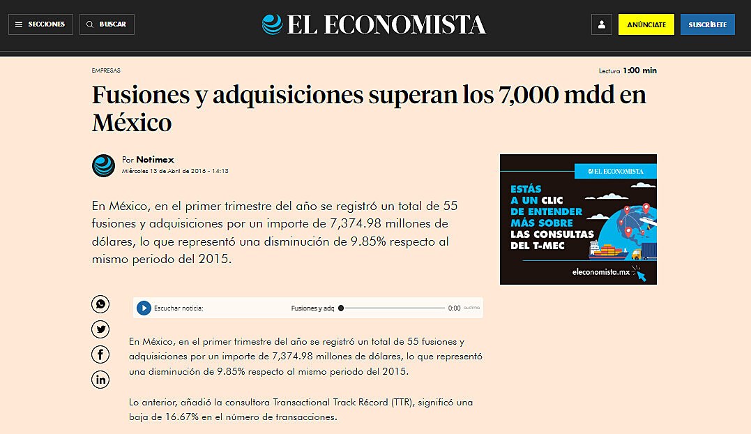 Fusiones y adquisiciones superan los 7,000 mdd en Mxico
